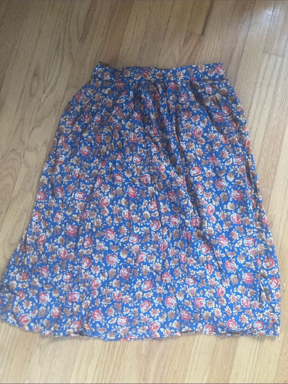 Blue Floral Midi Skirt with Red & Cream Blooms